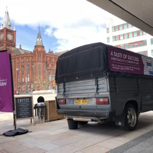 Univertisty of Law branded coffee van at Liverpool University